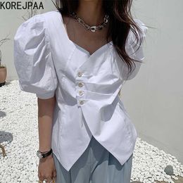 Korejpaa Women Shirt Summer Korean Chic Ladies Casual Side Small-Breasted Pleated Design Irregular Puff Sleeve Blouses 210526