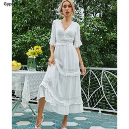 GypsyLady White Lace Maxi Dr100% Cotton Vintage Women Summer Holiday DrCasual Chic Ruffle Boho Sexy Ladies Beach Dresses X0621