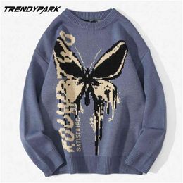 Hip Hop Knitwear Mens Sweaters Harajuku Fashion Butterfly Male Loose Tops Casual Streetwear Pullover 210918