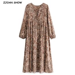 Bohemia Bandage Lacing up Collar Contrast color Leopard Print Dress BOHO Woman Long Sleeve Maxi Holiday Dresses Beach 210429