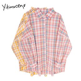 Yitimuceng Plaid Blouse Women Office Lady Loose Pink Yellow Button Up Shirts Plus Size Clothing Korean Vintage Long Sleeve Tops 210601