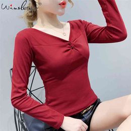 Solid T shirt Women Spring Autumn Cotton V-neck Cross On Chest Long Sleeve T-shirt Tops Tee Casual Clothing T02418B 210421