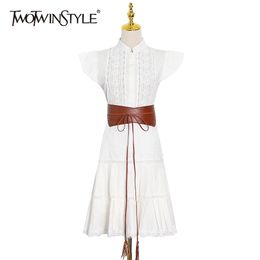 Vintage White Sashes Dress For Women Stand Collar Sleeveless High Waist Patchwork Lace Dresses Female Fashion 210520