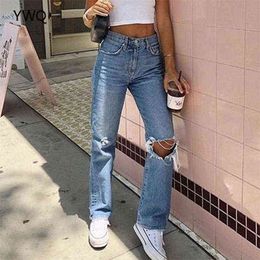 High Waist Jeans For Women Blue Straight Ripped Pants Full Length Knee Hole Mom Wide Leg Loose Streetwear Trousers 211129