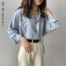 Women Blue Brief Temperament Big Size Blouse Lapel Long Sleeve Loose Fit Shirt Fashion Tide Spring Summer 210427