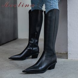Winter Knee High Boots Women Natural Genuine Leather Thick Heel Western Zip Pointed Toe Shoes Lady Autumn 39 210517