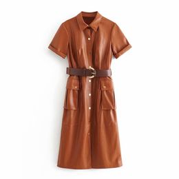 Streetwear Women Faux Leather Dress Fashion Ladies Button Pocket es Elegant Female Sashes Chic Girl Vestidos 210427
