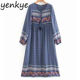 Holiday Summer Dress Women Tassel Lace O Neck Vintage Floral Print Female Long Sleeve Casual Beach Plus Size 210514