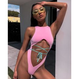 Sexy Swimsuit Women Swimwear Raceback High Neck Push Up Bandage Bathing Suit Wear Female Beachwear 210520