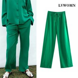 LVWOMN Za Woman Pants Summer Green Women Clothing Trousers Female Elastic High Waist Wide Leg Chic Pocket 210915