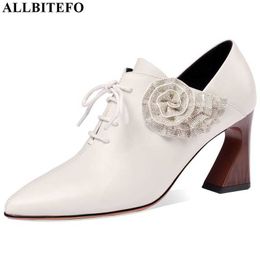 ALLBITEFO fashion Flower decoration women heels natural genuine leather high heel shoes elegant spring thick heel high heels 210611