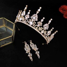 Retro Baroque Style Glitter Crystal Tiaras and Crowns Stud Earrings Headbands for Women Bridal Wedding Jewelry Sets FORSEVEN H1022