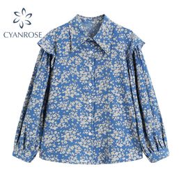 Vintage Floral Print Blue Women's Blouses Spring Ruffle Spliced Loose Elegant Korean Shirts Female Cardigan Ulzzang Tops 210417