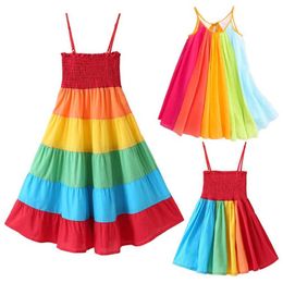 New Baby Girl Dress Clothes Toddler Kids Girls Princess Clothes Rainbow Colour Block Colourful Sling Party Dresses Vestido Infant Q0716