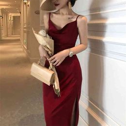 French retro acetate silk satin red strap dress women receive little skirt show thin waist temperament spring and summer lon 210602