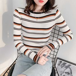 Korean Sweater Women Stripe Knitted s Autumn Woman Long Sleeve Basic Rainbow Pullover s for 210604