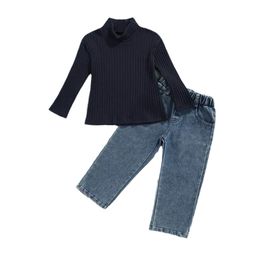 Kids Clothing Sets Girls Outfits Baby Clothes Children Kid Childrens Suit High-Necked Long-Sleeved Knitted Sweater Top Denim Trousers Two-Pi