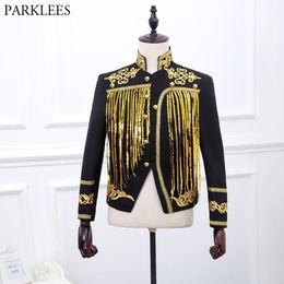 Men's Gold Sequin Tassel Black Blazer Jacket Brand Stand Collar Embroidery Suit Blazer Men Prom Stage Wedding Costume Homme 210522