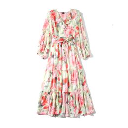 Summer Floral Chiffon Women V-Neck Long Sleeve Flower Print Ruffles Elegant Bow Belt Midi Dress Have Lining 210416