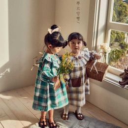 2021 Autumn New Children's Dress Girl's Korean Plaid Embroidered Flower Cute O-Neck Ruffle Princess Dress Girls Autumn Clothes Q0716