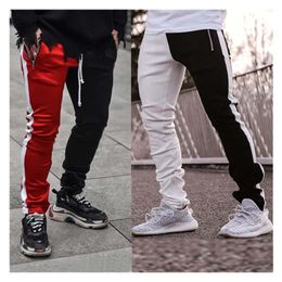 Fashion Drawstring Patchwork Two Color Mens Casual Pencil Pants Streetwear Men Slim Fit Jogger Zipper Elastic Waist Trousers Men's