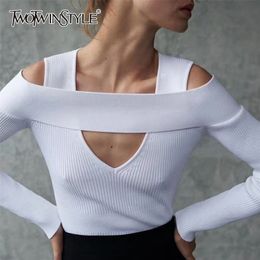 Hollow Out Slim Sweater For Women Square Collar Long Sleeve Sexy White Sweaters Female Fashion Spring Stylish 210524