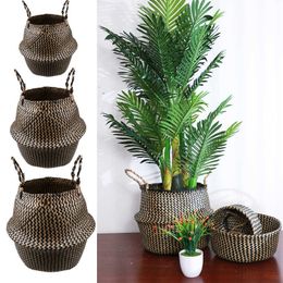 WHISM Handmade Storage Basket Seagrass Foldable Rattan Laundry Toy Sundries Plant Flower Pot Home Organisation 210609