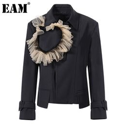 [EAM] Women Black Ruffles Mesh Irregular Blazer Lapel Long Sleeve Loose Fit Jacket Fashion Spring Autumn 1DD8071 210512