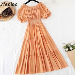 Neploe Puff Sleeve Slash Neck Women Dresses Summer French Style Candy Color High Waist Vestidos Fungus Patchwork Dress 210510