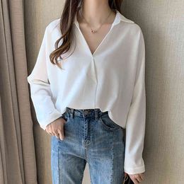 Summer Women Blouse White Plain Loose Oversized Shirt Female Pullover Tops Chiffon BF Korean Style V-Neck Blusas 210416