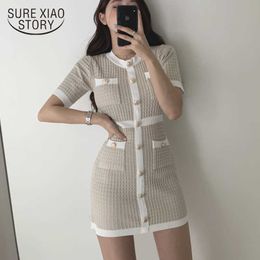 Korean Knitted Dress Curto Summer Bodycon Vestido Sexy Party Elegant Black Moda Feminina Button Ropa Mujer Robes 12105 210527