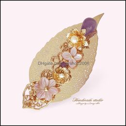 Pins, Brooches Jewelry Ijing Natural Pearl Hairpins For Women Big Size Light Purple Crystal Hairwear Handmade Flower Leaf Brooch Drop Delive
