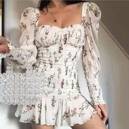 Chiffon White Dress Women Floral Print Boho Beach Dresses Casual Ruffle Long Sleeve A-line Mini Dress Autumn Ladie Vestidos 210521