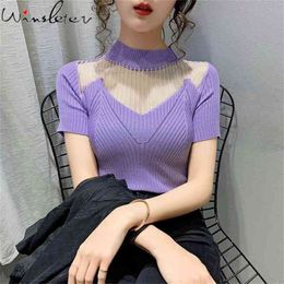 Summer Knitwear Women Clothes Knitted T-Shirt Sexy Transparent Patchwork Mesh Tops Short Sleeve Elastic Slim Tees T13401A 210421