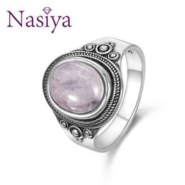 Nasiya Pink Natural 8x10MM Rose Quartz Women's Rings 925 Silver Gemstone Jewellery Party Anniversary Birthday Gift Daily Life 211217