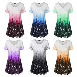 Casual Top Women T Shirt Sexy Round Neck Loose Short Sleeve Simplicity Ruffle Gradient Speckle Printing Large Size Comfortable Breathable 6 Colours WMD