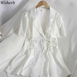 Women Sexy Blazer Dress White Double Breasted Bandage Suit Collar Mini Dresses Elegant Summer Korean Slim Fit Vestidos 210519