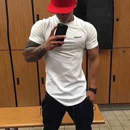 Summer Mens Extended Short Sleeve Hip Hop T-shirt Patchwork Gym Clothing Fitness T shirt Men Bodybuilding muscle Sports Tshirt 210421