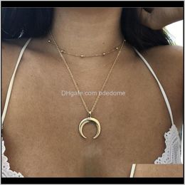 Chokers Necklaces & Pendants Jewelry Drop Delivery 2021 Two Layers Necklace Metal Bead Charm Chain Choker Moon Ox Horn Pendant Sier Gold Colo