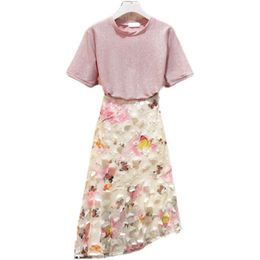 ladies western skirts Australia - Plus Size Tracksuits Large Ladies Summer Pink Blouse Top Irregluar Floral Skirt Women Outfit Western Style Fashion Two-Piece Set Clothing