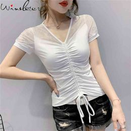 Summer Korean Clothes Cotton T-Shirt Sexy Fashion V-Neck Diamonds Drape Lace Up Women Tops Slim All Match Tees T13801A 210421