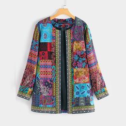 Women's Jackets Autumn Winter Women Casual Vintage Outerwears O-neck Fashion Ethnic Printed Loose Cardigan Long Sleeve Open Stitch