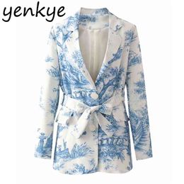 Vintage Blue Print Blazer Women Notched Collar Long Sleeve With Belt Elegant Office s Autumn Business Suits Coat 210514