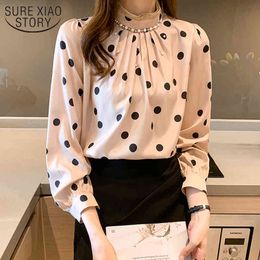 Polka Dot Print Chiffon Shirt Spring Pleated Slim Stand Collar Tops Fashion Elegant Beading Long Sleeve Blouse Women 13095 210415