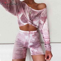 2 Pcs Pyjamas Set Long Sleeve One Shoulder Cotton Tie-dye Sleepwear Suits Lady's Pyjama Summer Shorts Women Homewear P05908B 210421