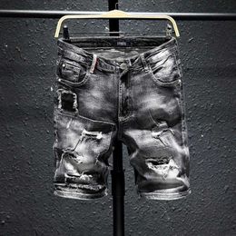 Men Grey Denim Shorts New Summer Holes Black Short Jeans High Quality Men Cotton Stretch Jean Shorts Knee Length Jeans Size 36 P0806