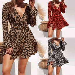 Aachoae Women Summer Dress Leopard Print Boho Beach Dresses Casual Ruffle Long Sleeve A-line Mini Party Dress Vestidos X0521