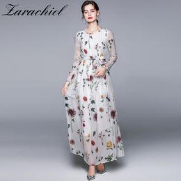 Bohemian Sweet Foral Printed White Chiffon Maxi Summer Women O Neck Long Sleeve Elegant Beach Boho Dress With Belt 210416