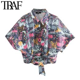 TRAF Women Fashion Printed Bow Tied Cropped Blouses Vintage Lapel Collar Short Sleeve Female Shirts Blusas Chic Tops 210415
