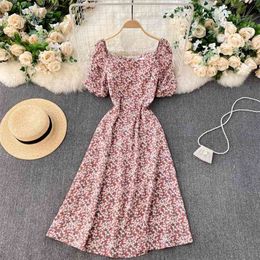 Summer Floral Print Dress Women Casual Square Collar Puff Sleeve French Style Slim A-line Mid-calf Daily Clothes 210603